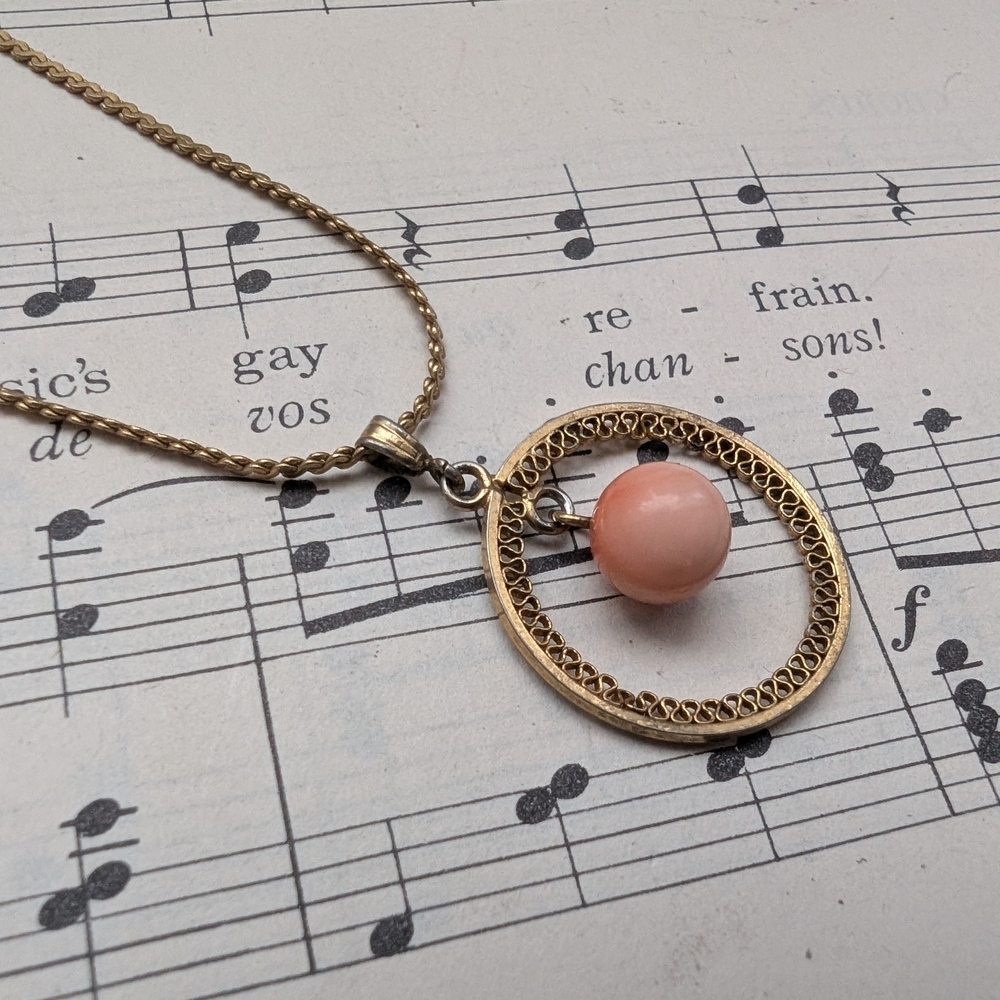 Vintage Goldtone And Pink Pendant Necklace Stamped Korea